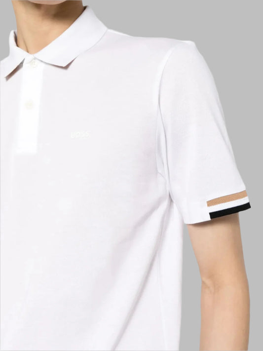 HUGO BOSS SLIM-FIT STRIPE-TRIM POLO SHIRT | WHITE