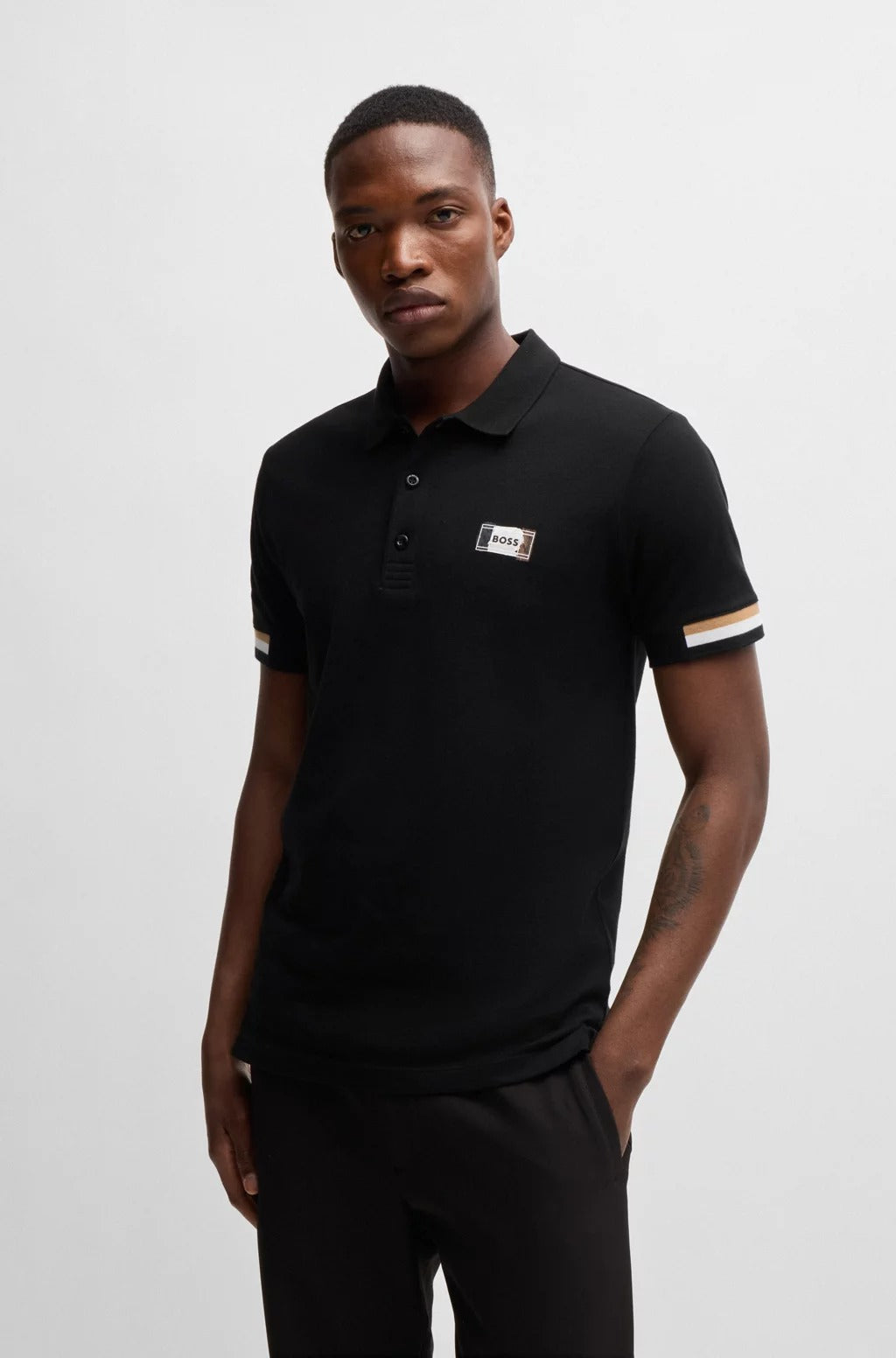 MERCERISED-COTTON POLO SHIRT WITH SIGNATURE STRIPES | BLACK