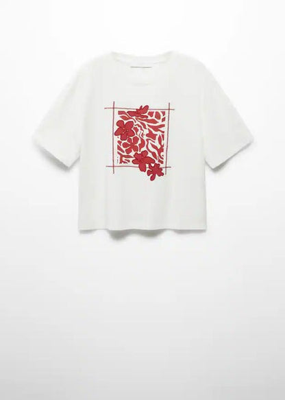 M.A.N.G.O-WOMEN EMBROIDERED DETAILS PRINT T-SHIRT | WHITE