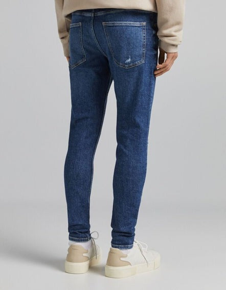 BERSHKA.-RIPPED-SKINNY-JEANS-MEN | DARK BLUE